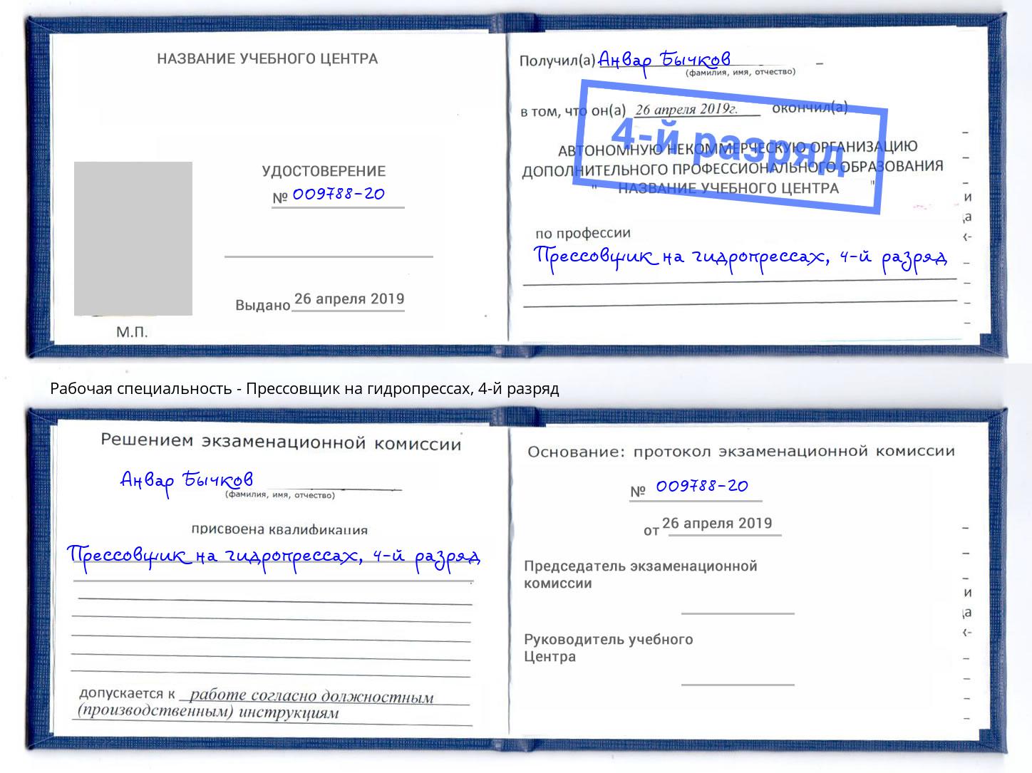 корочка 4-й разряд Прессовщик на гидропрессах Шуя