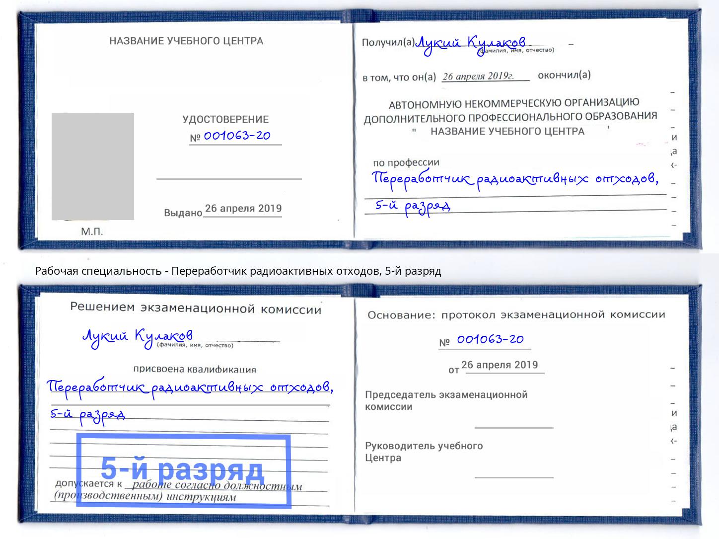 корочка 5-й разряд Переработчик радиоактивных отходов Шуя