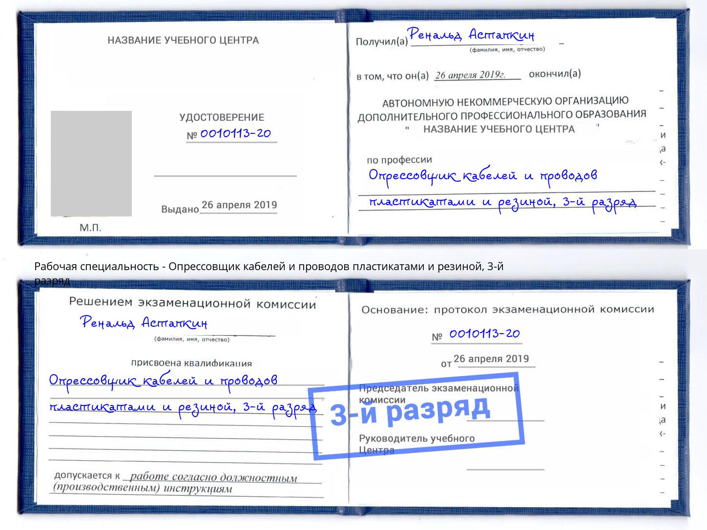 корочка 3-й разряд Опрессовщик кабелей и проводов пластикатами и резиной Шуя