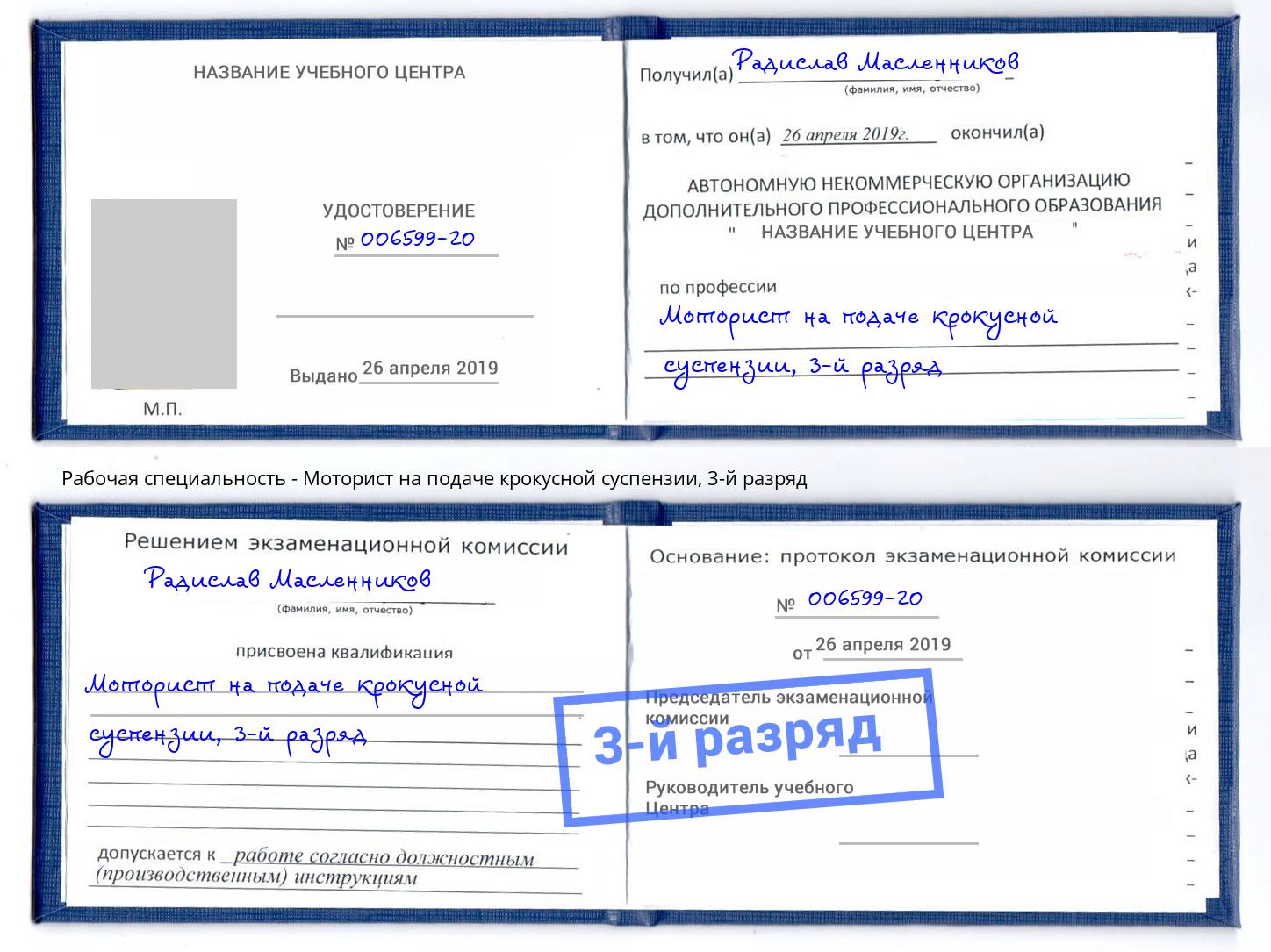 корочка 3-й разряд Моторист на подаче крокусной суспензии Шуя