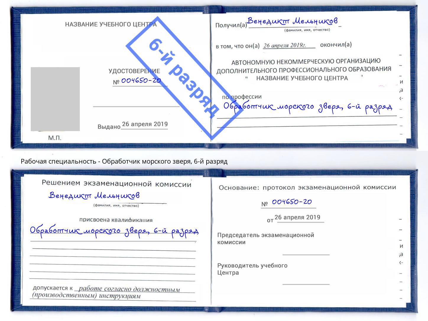 корочка 6-й разряд Обработчик морского зверя Шуя