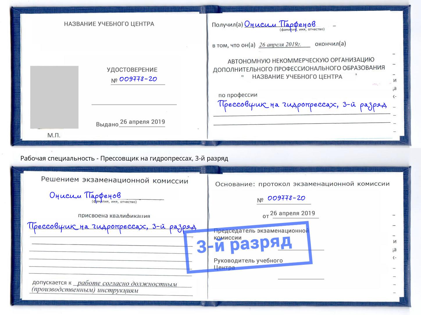 корочка 3-й разряд Прессовщик на гидропрессах Шуя