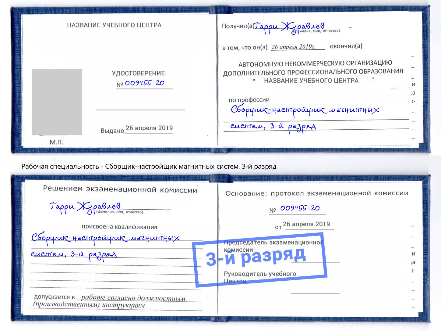 корочка 3-й разряд Сборщик-настройщик магнитных систем Шуя