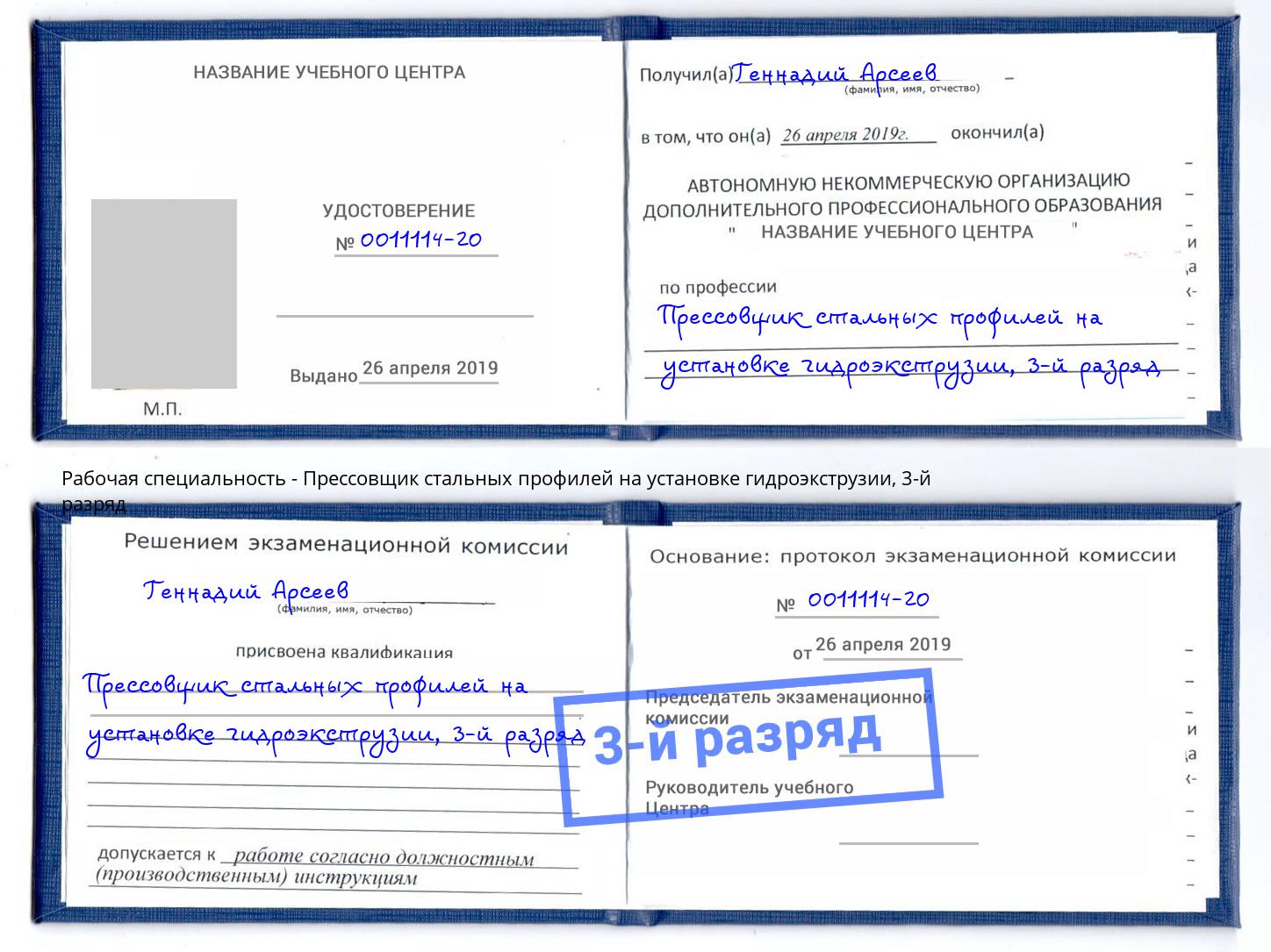 корочка 3-й разряд Прессовщик стальных профилей на установке гидроэкструзии Шуя