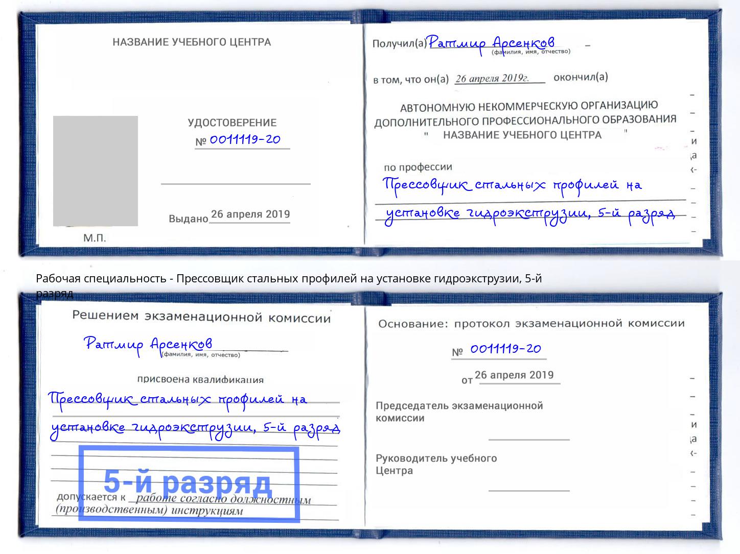 корочка 5-й разряд Прессовщик стальных профилей на установке гидроэкструзии Шуя