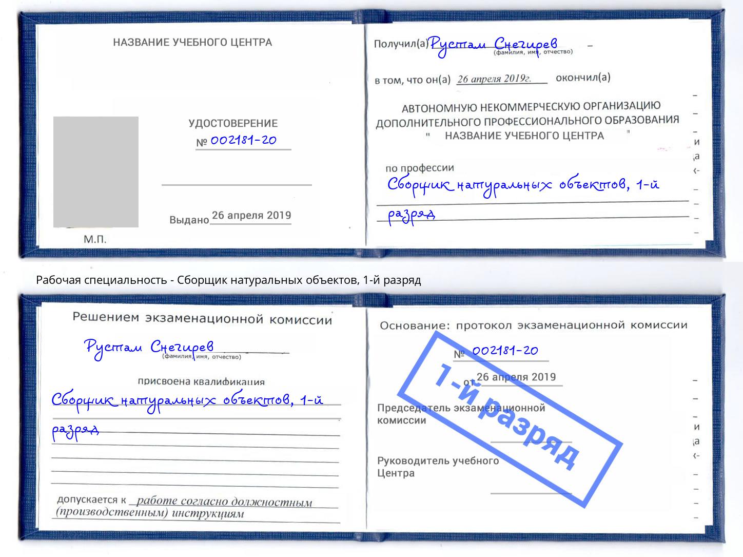 корочка 1-й разряд Сборщик натуральных объектов Шуя
