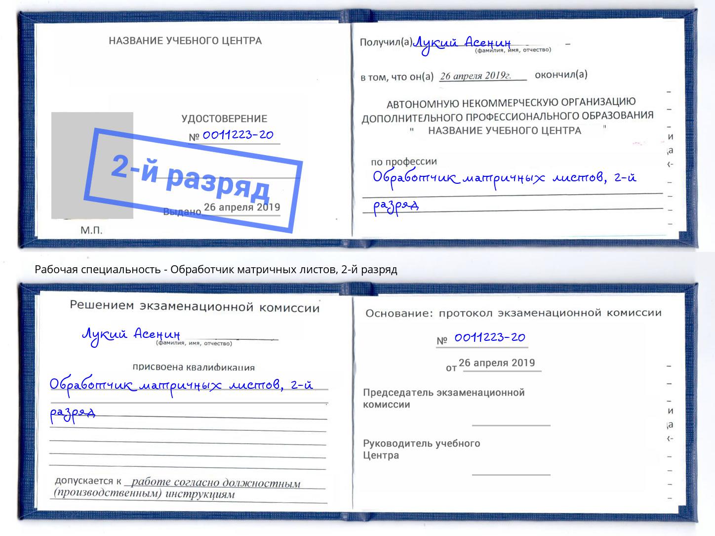 корочка 2-й разряд Обработчик матричных листов Шуя