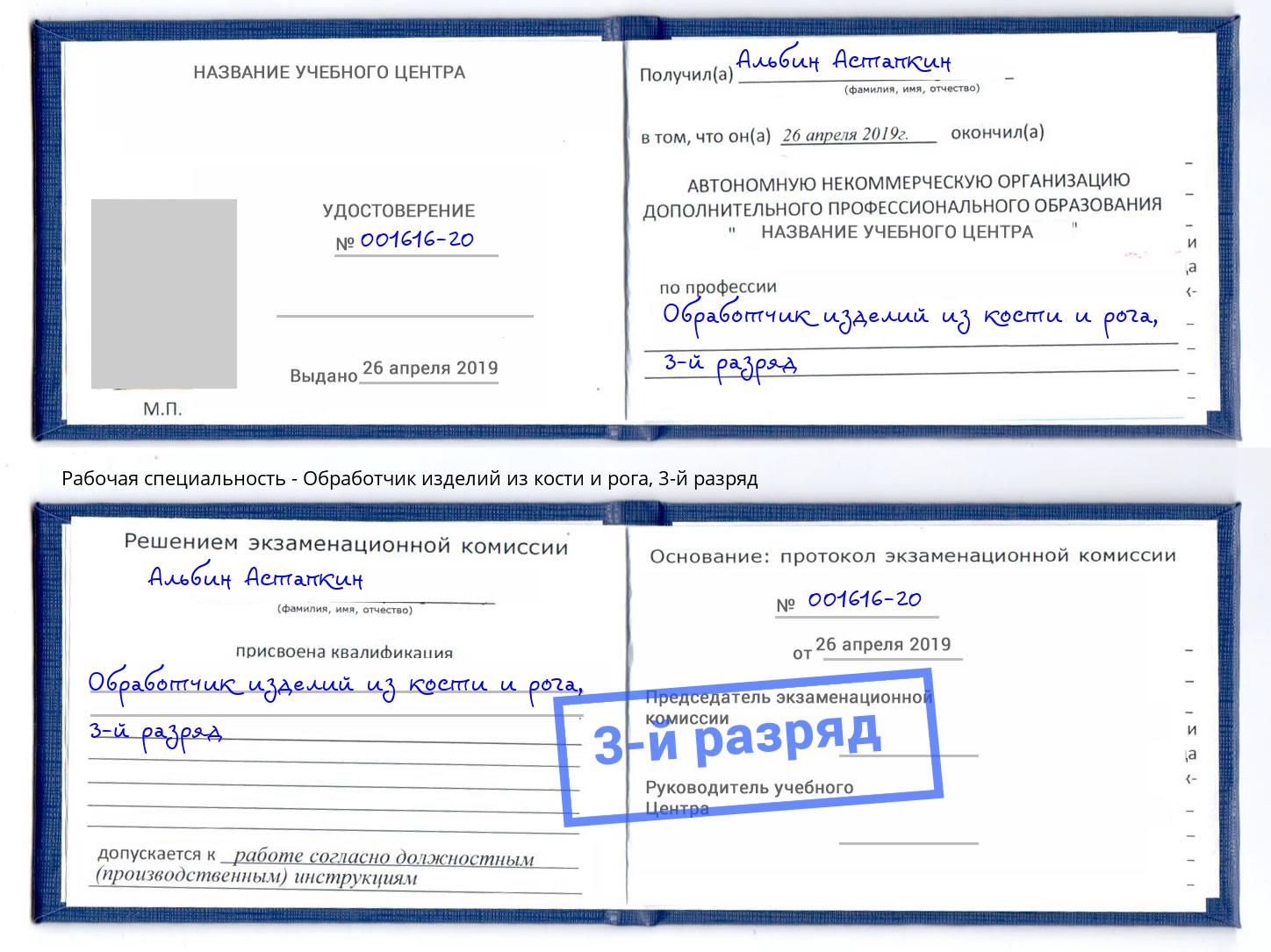 корочка 3-й разряд Обработчик изделий из кости и рога Шуя